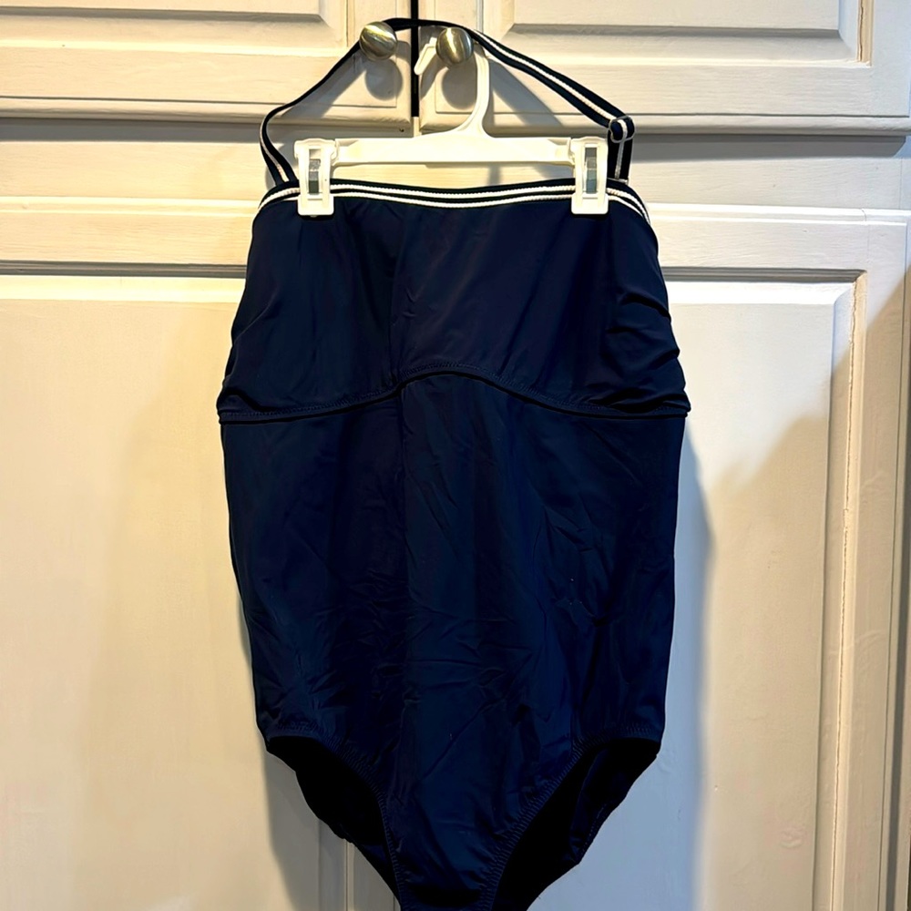Lands End bandeau one piece swimsuit, navy with white trim size 16W.